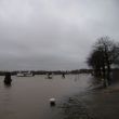 Met een wijde boog vaart het pontje uit Sleeuwijk langs de ondergelopen kade naar de stad toe