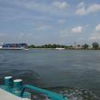 Veerpont naar Woudrichem. Passage van kunstvaarder met containers. Gorcum op de achtergrond