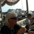Leiden. Op het terras van Restaurant 'Lot & De Walvis' met onze boot op de achtergrond