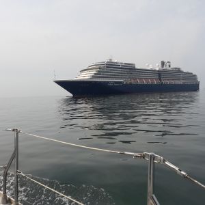 het cruiseschip Oosterdam van de HAL op de rede van Scheveningen