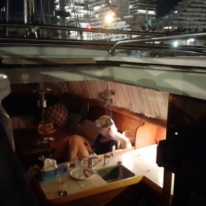 Oostende, 19 september 2025. Warme avond aan boord. Anna zit te lezen.