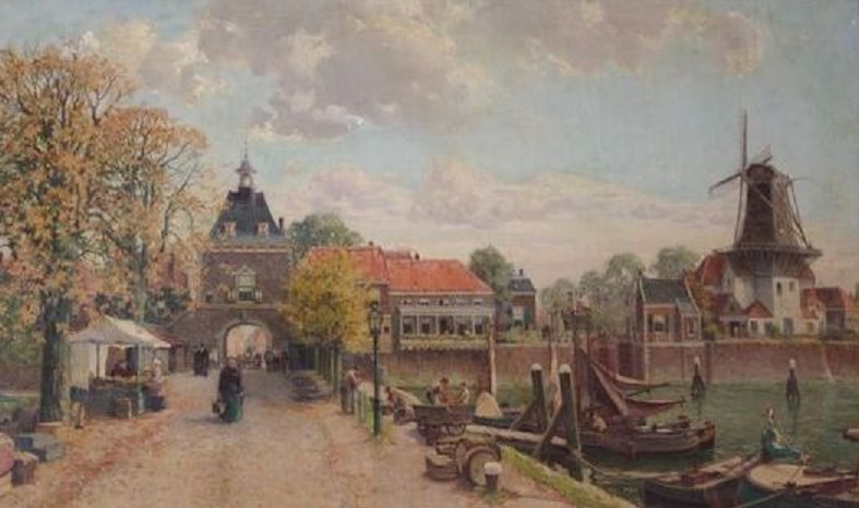 E.A.Jansen, Buiten de waterpoort, Gorinchem. Links zie je de oude poort, rechts staat een stadsmolen die ook verdwenen is. Rechts achter de poort wonen wij.