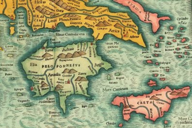 Uitsnede uit een kaart van 1552, getekend en ingekleurd door Sebastian Münster in Bazel