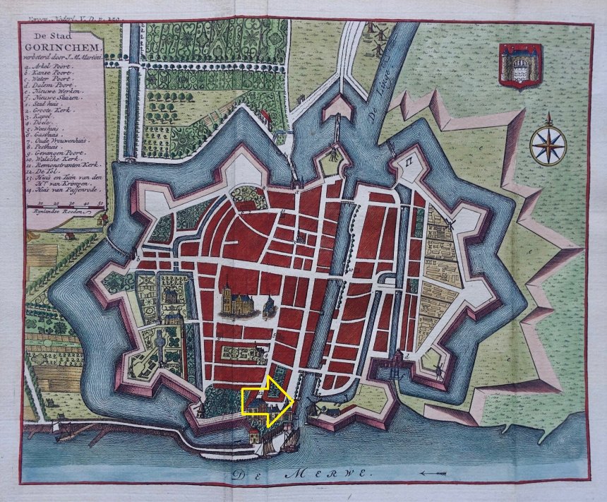 Uitsnede van een kaart van J.M. Martini uit 1741. De pijl wijst de plek aan, waar we nu wonen