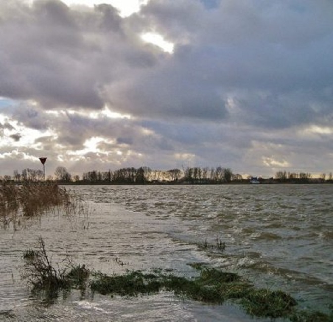 Hoog water. De uiterwaarden van de Merwede lopen onder