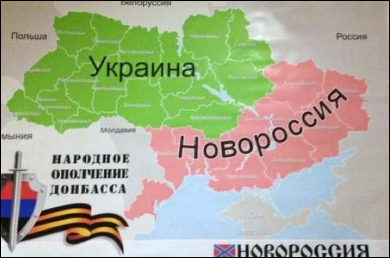 Kaart van de separatisten in het oosten van Oekraïne. Het rose gebied is Novorossya, dat steeds vaker op historische gronden door Rusland geclaimd wordt. Net als De Krim