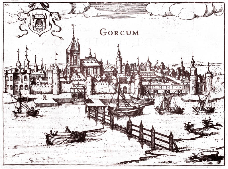 Gorcum met tolhek over de Merwede, getekend door Georg Braun en Franz Hogenberg, Civitates Orbis Terrarum, 1576