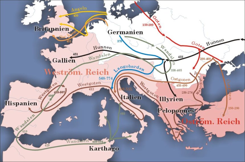 De Grote Volksverhuizing in de 4e tot 6e eeuw (bron: Wikipedia)