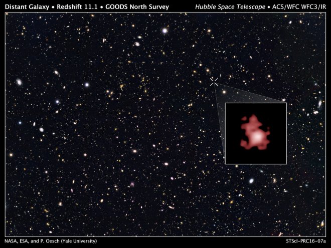 Het verre sterrenstelsel GN-z11 ligt bijna aan de rand van het heelal (bron: NASA)