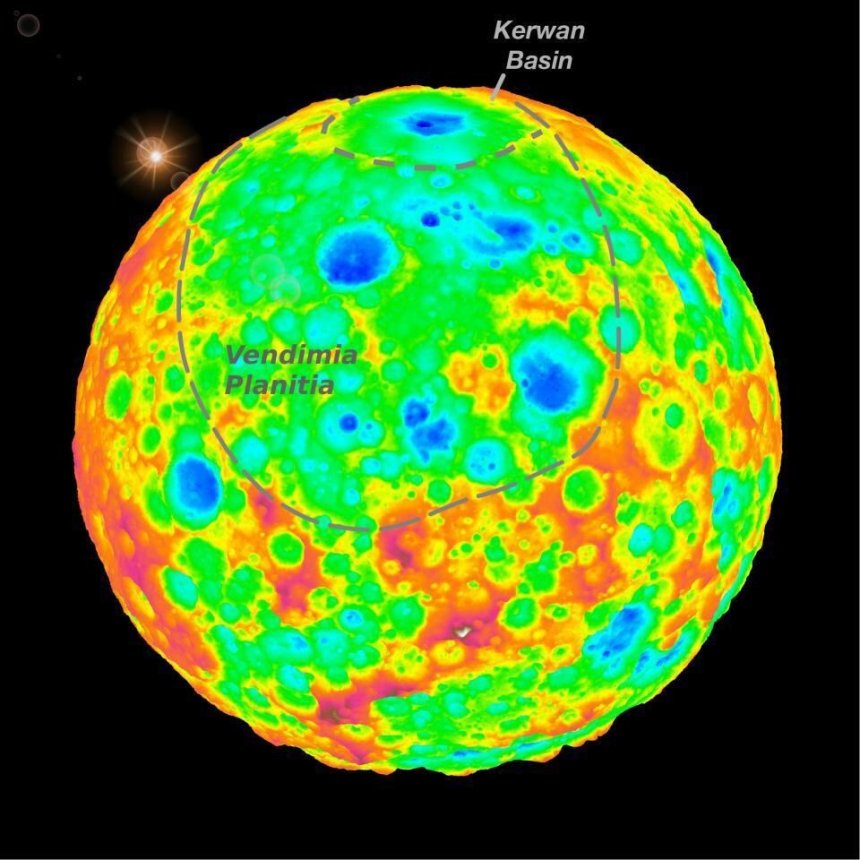 Op deze opname van Ceres (geen echte kleuren) zie je de omtrek van degrote impactkrater Kerwan (stippellijn).