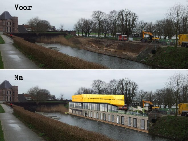 De Duveltjesgracht voor en na de bouw van het lelijke hotel, pal in het schootsveld van de vesting. Links het Tolhuis.