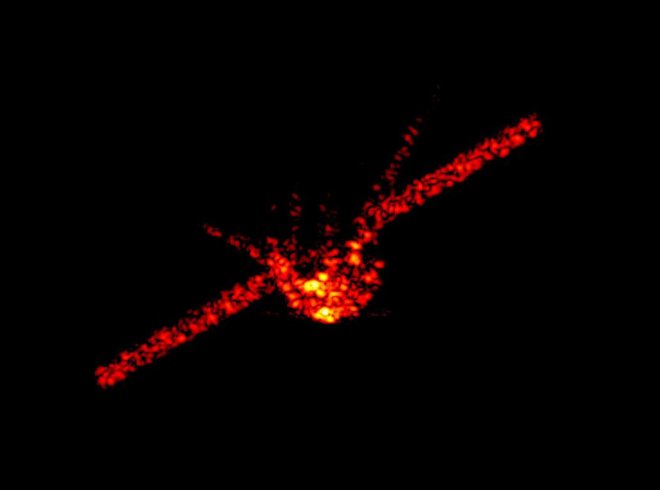 Radarbeeld van het neervallende ruimtestation Tiangong-1. (De opname is afkomstig van het Fraunhofer Institute FHR/A).