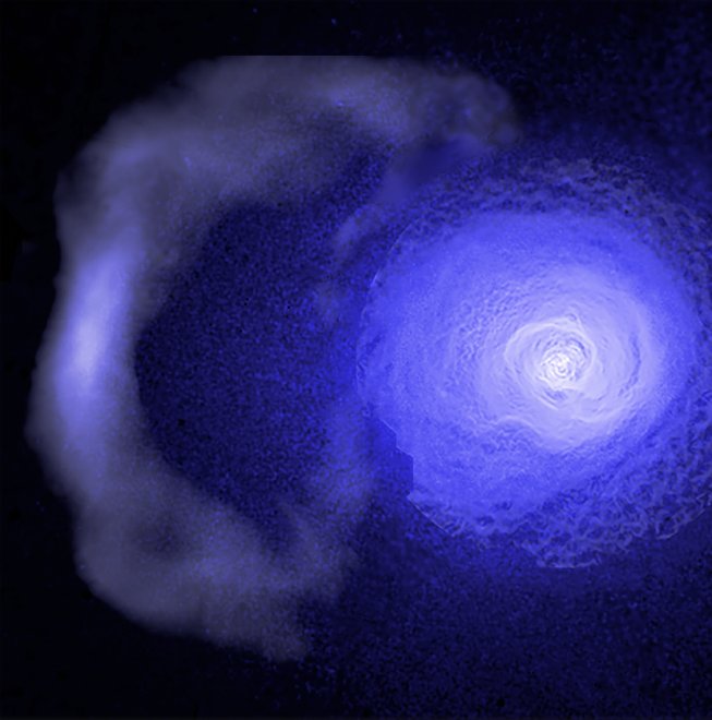 Opname van het Amerikaanse Chandra X-ray Observatorium van het gigantische koufront bij het sterrencluster Perseus op 240 miljoen lichtjaren afstand.