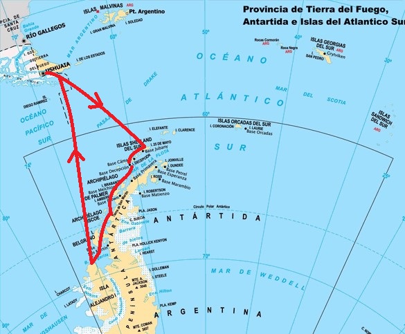 De globale route van de bark Europa van 24-02 tot 16-03-2020.