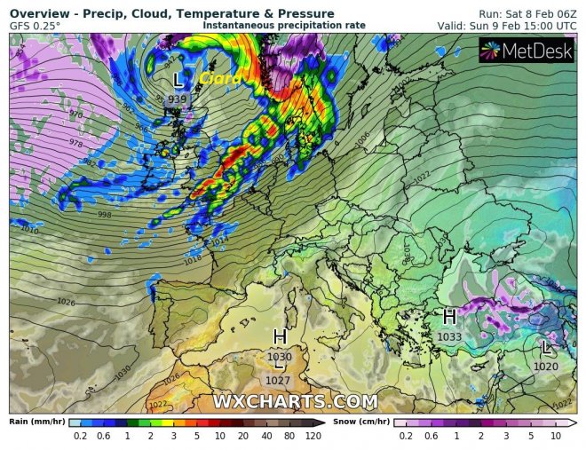 WXcharts prognose voor de storm Ciara met een kerndruk van 939 hPa voor morgen 15.00 uur UTC