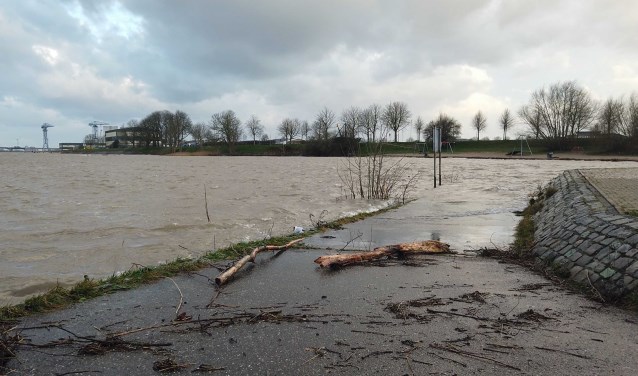Hoog water bij het strandje aan de Merwede (foto: GP buro)