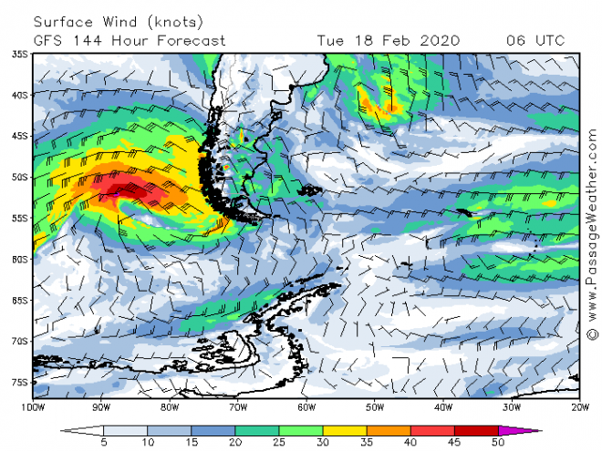 De weersituatie in Ushuaia op de dag van mijn aankomst. Drake Strait is rustig. Een depressie ten westen van Vuurland. (bron: Passageweather)