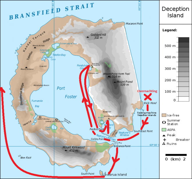 Overzichtskaart van ons bezoek aan Deception eiland.
