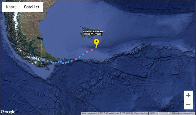 Vanmorgen bevond de Bark Europa zich zuidelijk van de Falkland-eilanden.