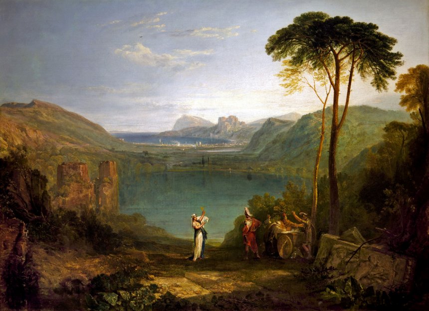 Het meer Avernus, ‘De ingang van de onderwereld’, op een schilderij van Joseph Mallord William Turner. (1775-1851)