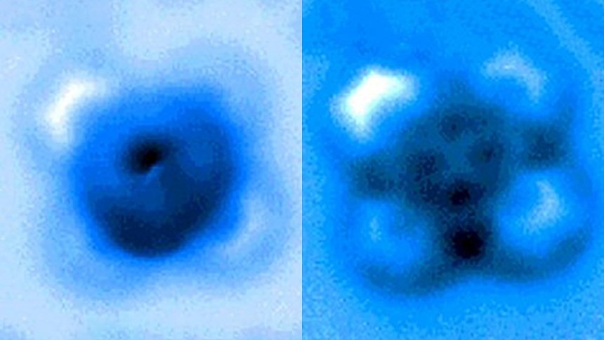 Onderzoekers maten de vereiste mechanische krachten om de binding te breken moleculen CO en FePr. De binding toont zich as een symmetrisck kruis in een AF-microscoop opnames, voor en na het breken van de binding. Credit: Pengcheng Chen et al.