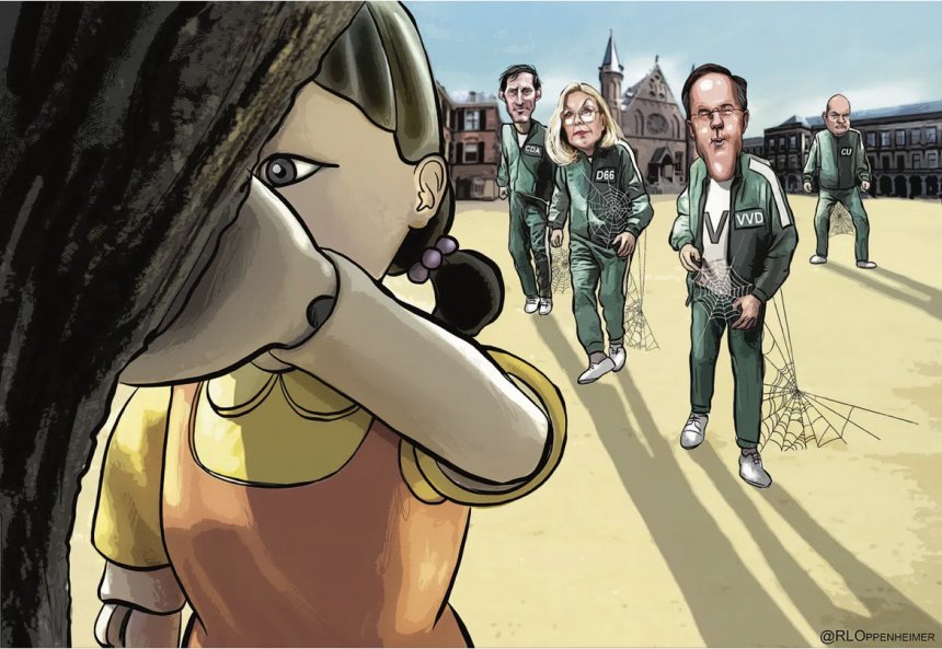 Alleen bewegen als het niet gezien wordt. Oppenheimer in de NRC over de wekenlange geheimzinnigheid van de kabinetsformatie.(bron: NRC)
