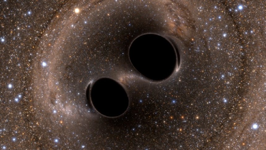 Twee zwarte gaten spiralen naar elkaar toe tot ze botsen (bron: NewScientist)