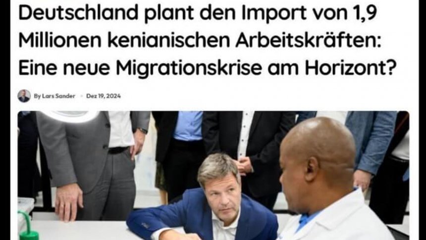Duitsland zou bijna 2 miljoen Kenianen als arbeidskrachten willen aantrekken. Een voorbeeld van nepnieuws op een pro-Russische website.(bron: NOS Nieuws)