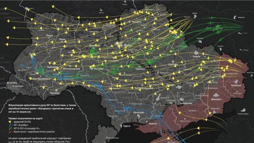 De route van de Russische drones over Oekraïne in de nacht van 9 september 2025 (bron: adviseur van Zelensky/NOS)