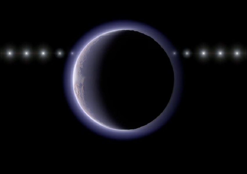 Computertekening van de passage van dwergplaneet (612533) 2002 XV93 vóór een heldere sterlkangs (image: Ko Arimatsu / NAOJ)