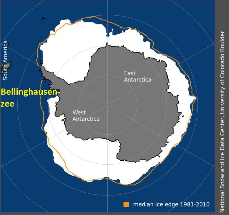 Een groot deel van het zeeijs is deze zomer niet teruggekeerd in de Bellinghausenzee voor de kust van West-Antarctica (Credit: National Snow and Ice Data Center, University of Colorado)
